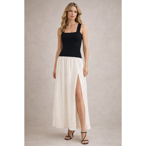 La Ligne Dresses & Skirts - New with Tags La Ligne Henriette Dress L Black Ivory Knit Drop Waist Slit Flowy